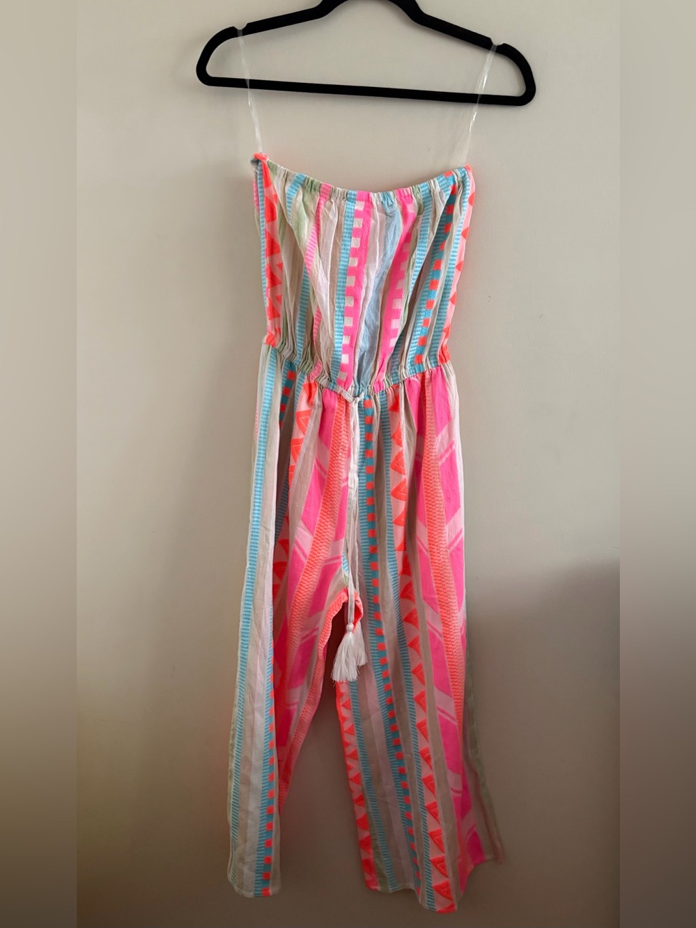 New! Elan Pink Multi-Color Striped Strapless Jumpsuit